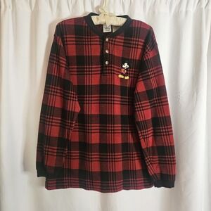 Vintage 90s Walt Disney World Mickey Mouse Red Buffalo Plaid Henley Shirt Mens M